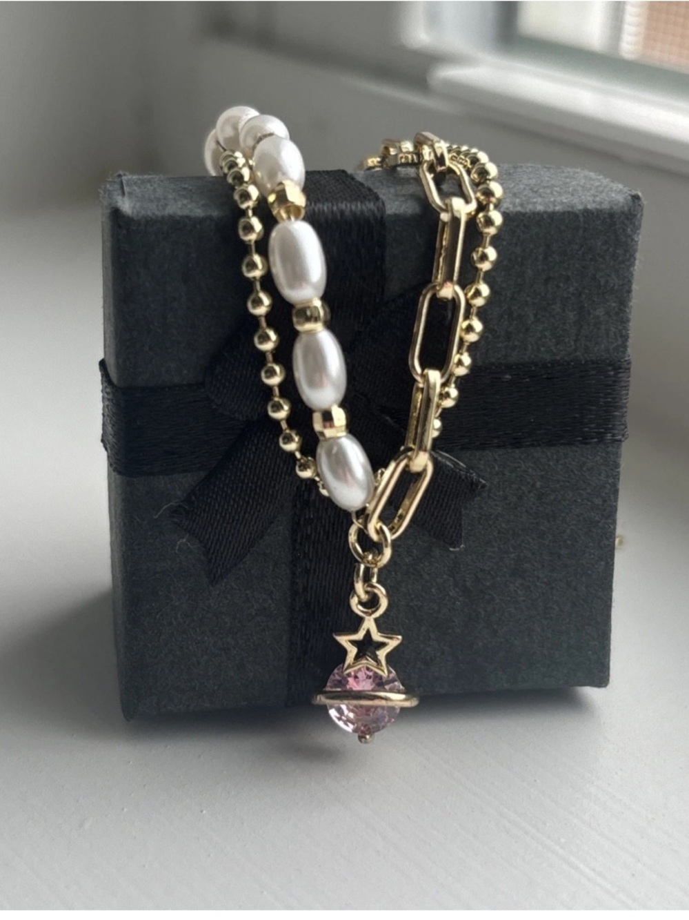 Gold Plated Layered Bracelet Faux Pearl Chain Pink CZ Celestial Charm Adjustable - Picture 10 of 11